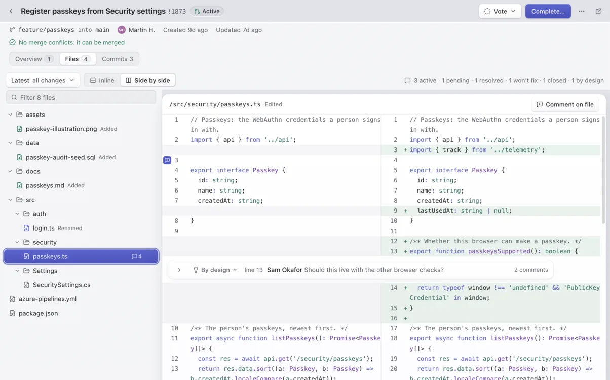 A pull request's Files tab in ADO Local, with a side-by-side diff and a comment thread on a changed line