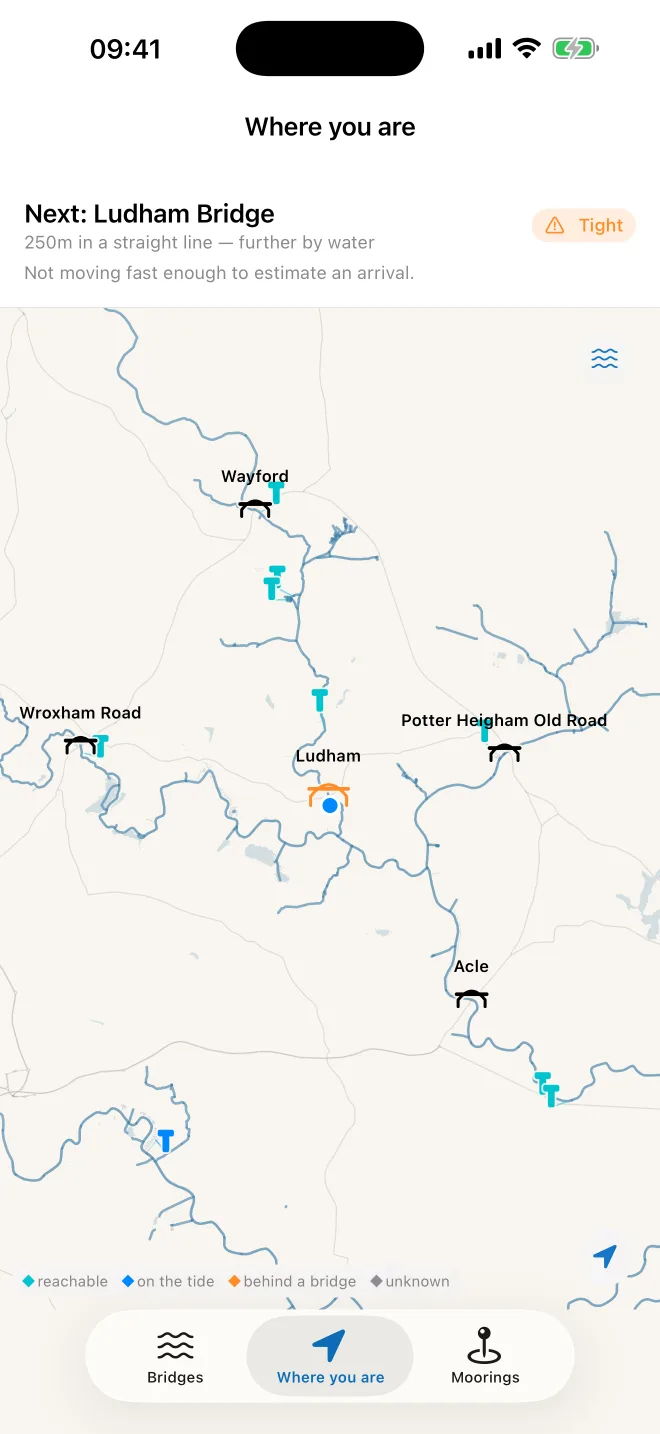 The offline chart of the northern Broads with bridges and the current position marked